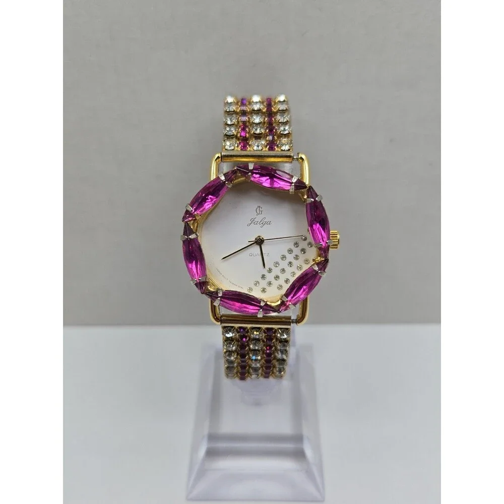 Jalga Womens Pink Crystals Rhinestones Dress Watch Gold Bracelet New Battery